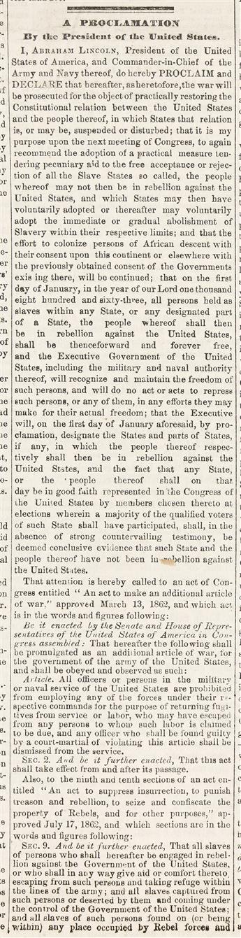(ABOLITION.) The preliminary Emancipation Proclamation, on the front page of the New York Semi-Weekly Tribune.